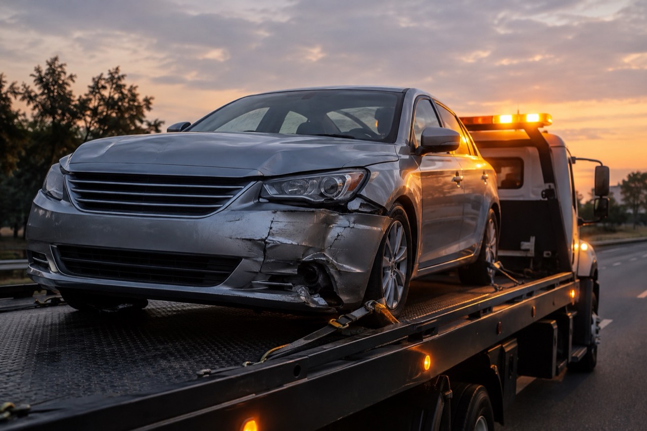 Veicolo incidentato caricato sul carro attrezzi al tramonto